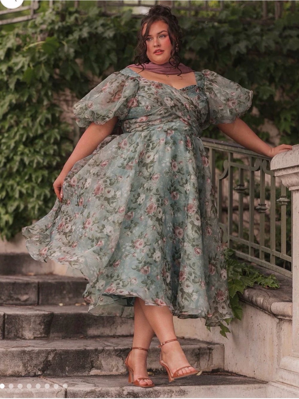 JessaKae Sage Green Floral Puff-Sleeve Midi Dress